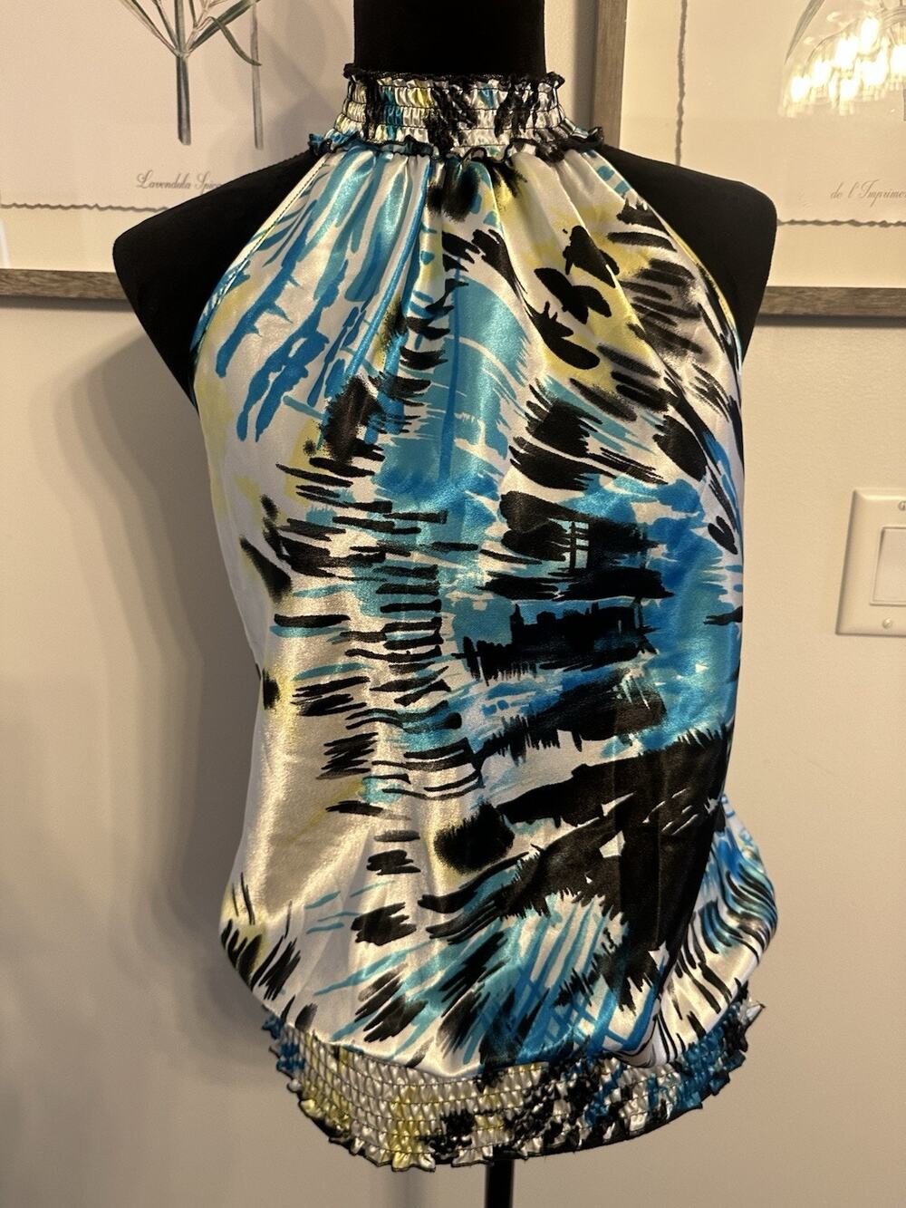 Y2K Heart&Soul Satin Tie Back Halter Top Blue Yellow Black Abstract Size M Artsy